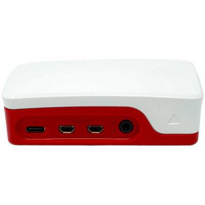 A red and white electronic adapter with HDMI and USB ports, suitable for connecting external devices.