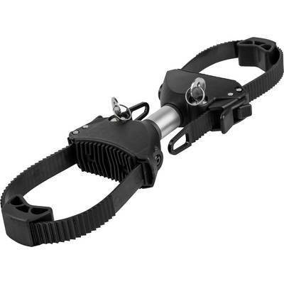 A black tube band handle with adjustable straps and metal screws, possibly for tools or transport equipment.