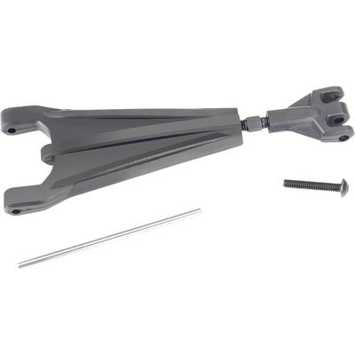 Black mechanical component with multiple joints, next to a screw and a metal rod. Likely serves for connection or mounting.