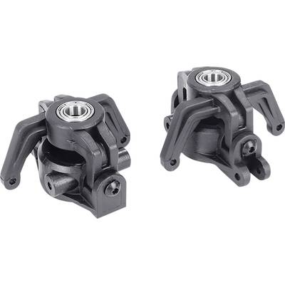 Two black mechanical plastic components with integrated ball bearings, used for mounting or in joint systems.