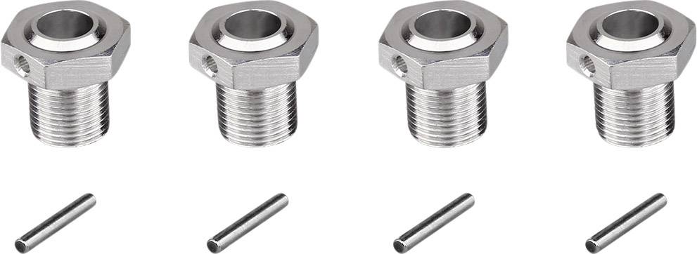 Four identical metal screw nipples and pins, evenly arranged in two rows, on a white background.