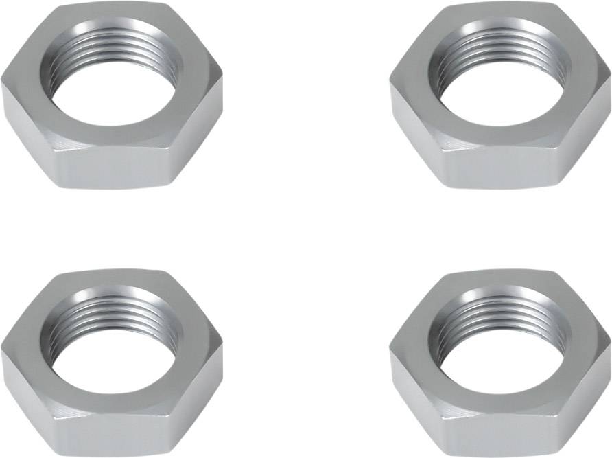 Four silver hexagonal nuts, evenly arranged on a white background.