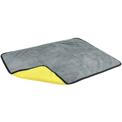 Grey towel with yellow underside, spread out on a flat surface.