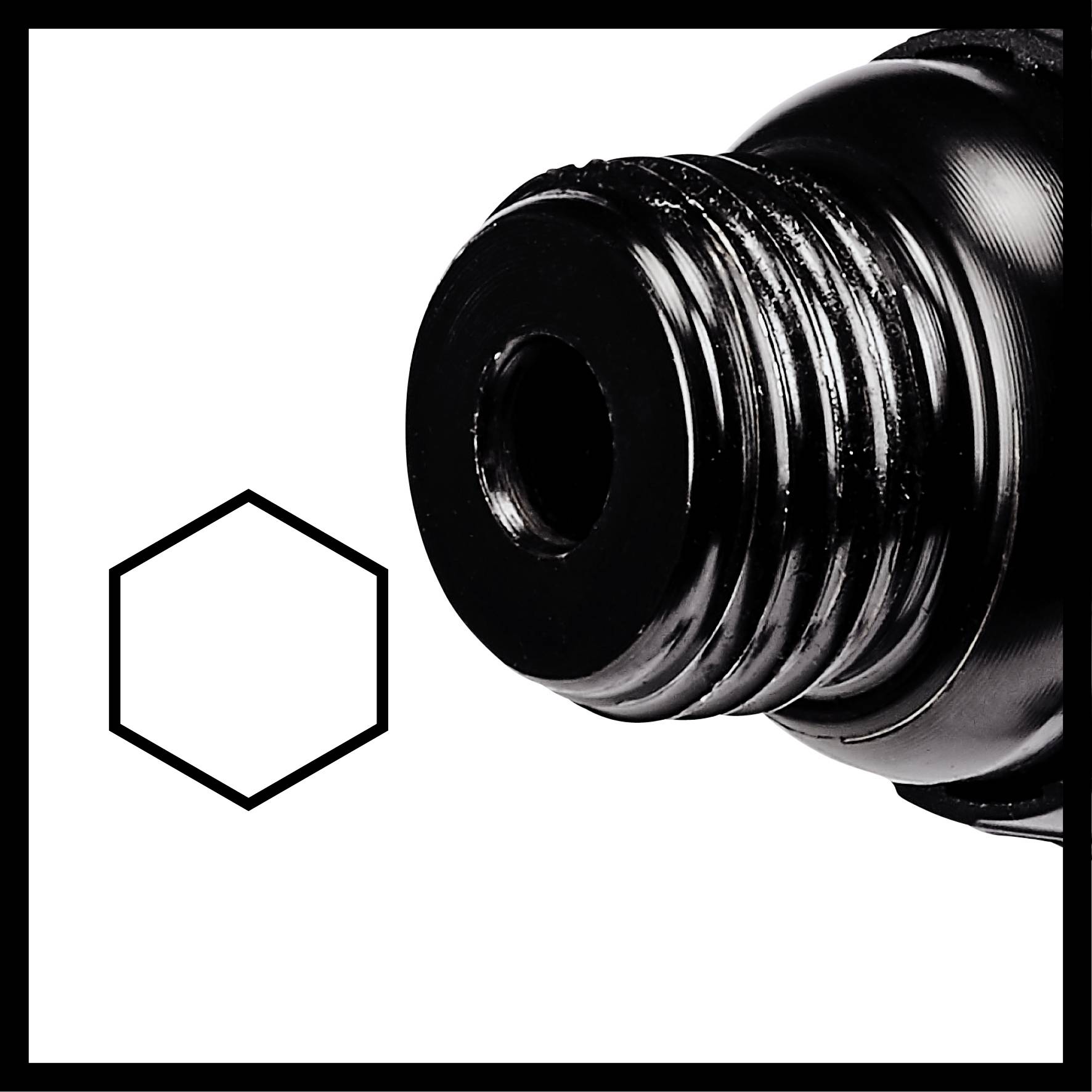 A black, hollow metallic tube next to a black, hexagonal outline on a white background.