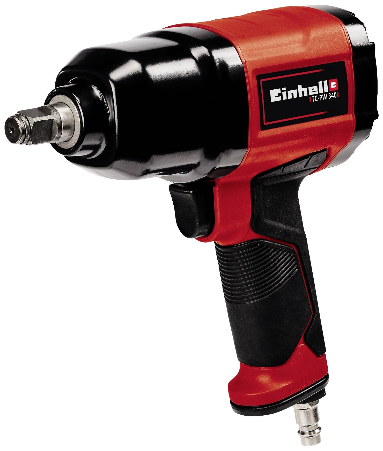 Pneumatic impact wrench with red and black casing, side view.