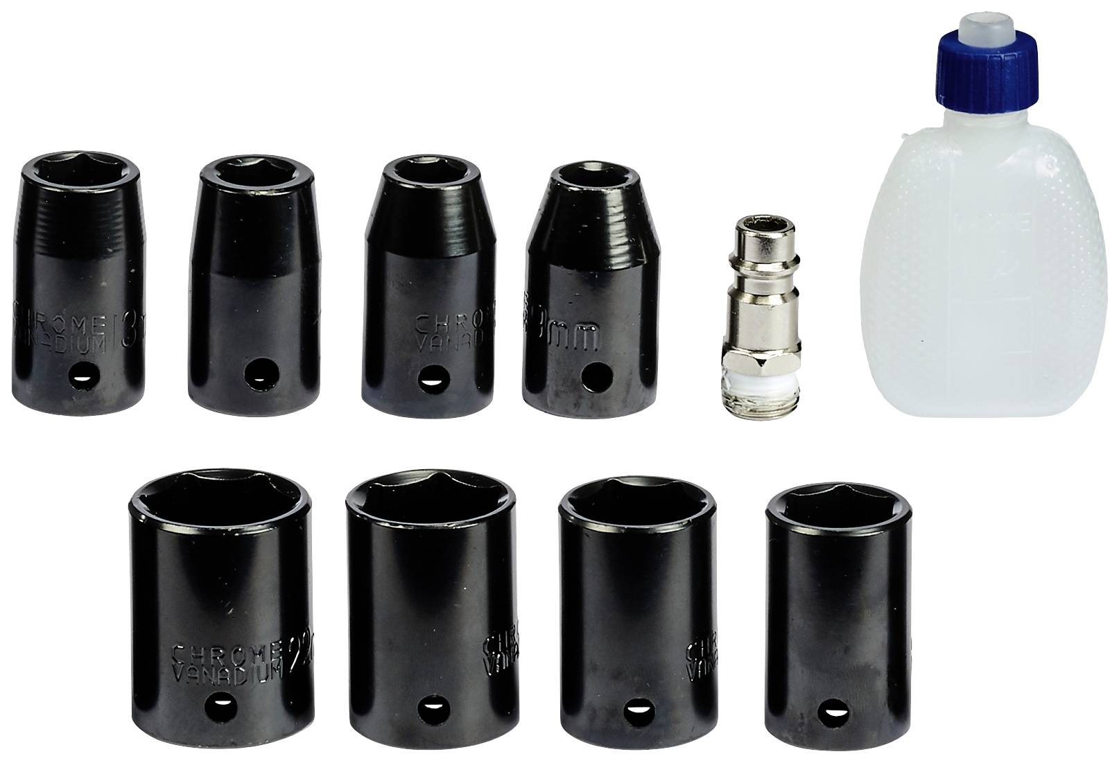 'Screw Caps and Oil Bottle': Eight black screw caps in various sizes, a metal piece and a small oil bottle.