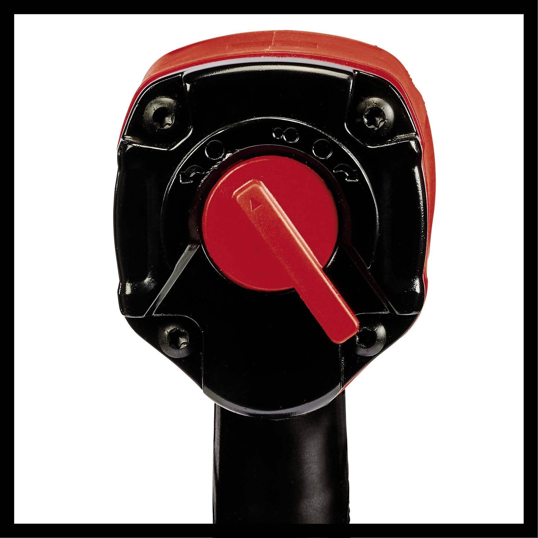 A red rotary knob on a black handle. The knob is positioned to the left and has a marking for turning.