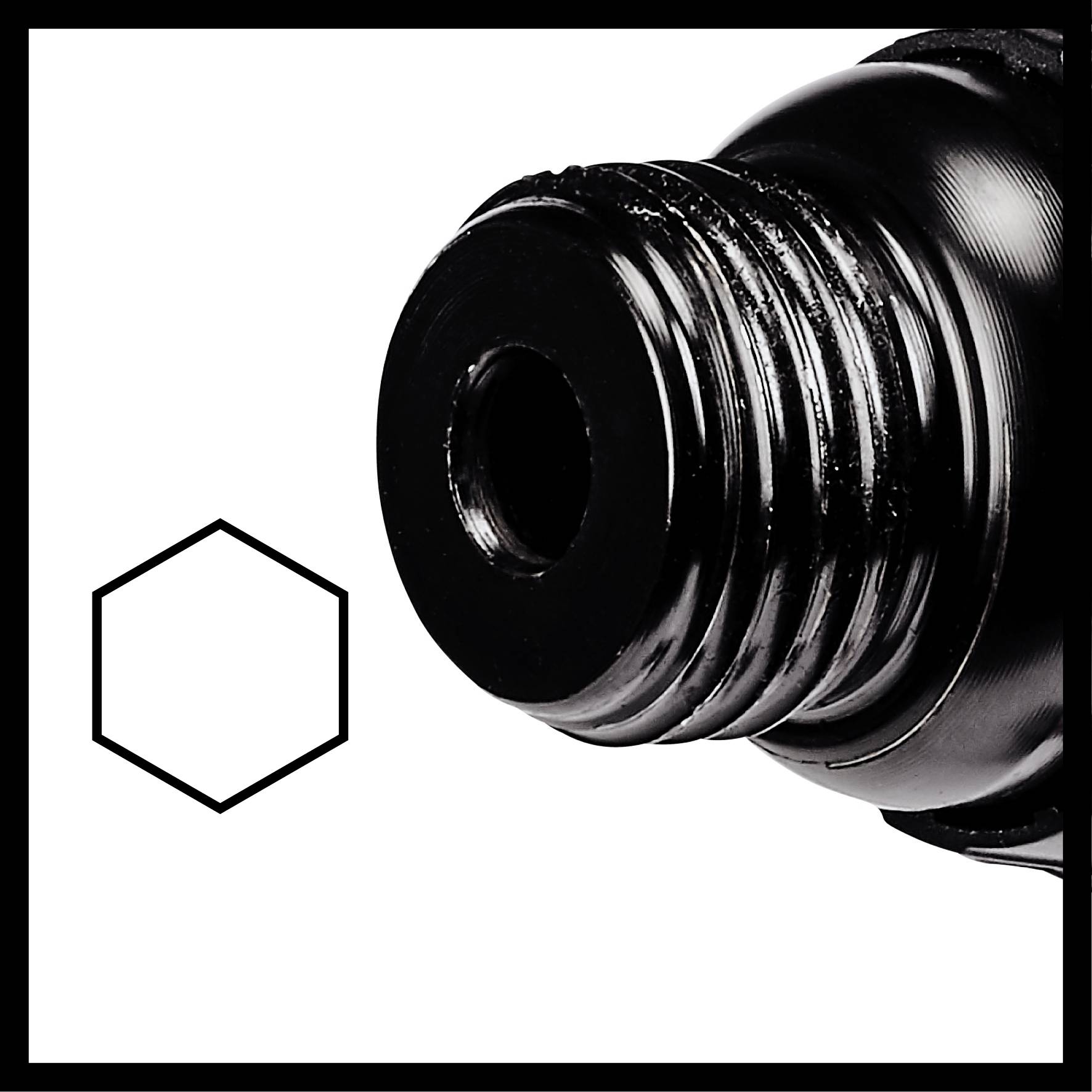 Close-up of a black hexagonal screw head next to a hexagonal contour. Symbolises technical precision or connection.