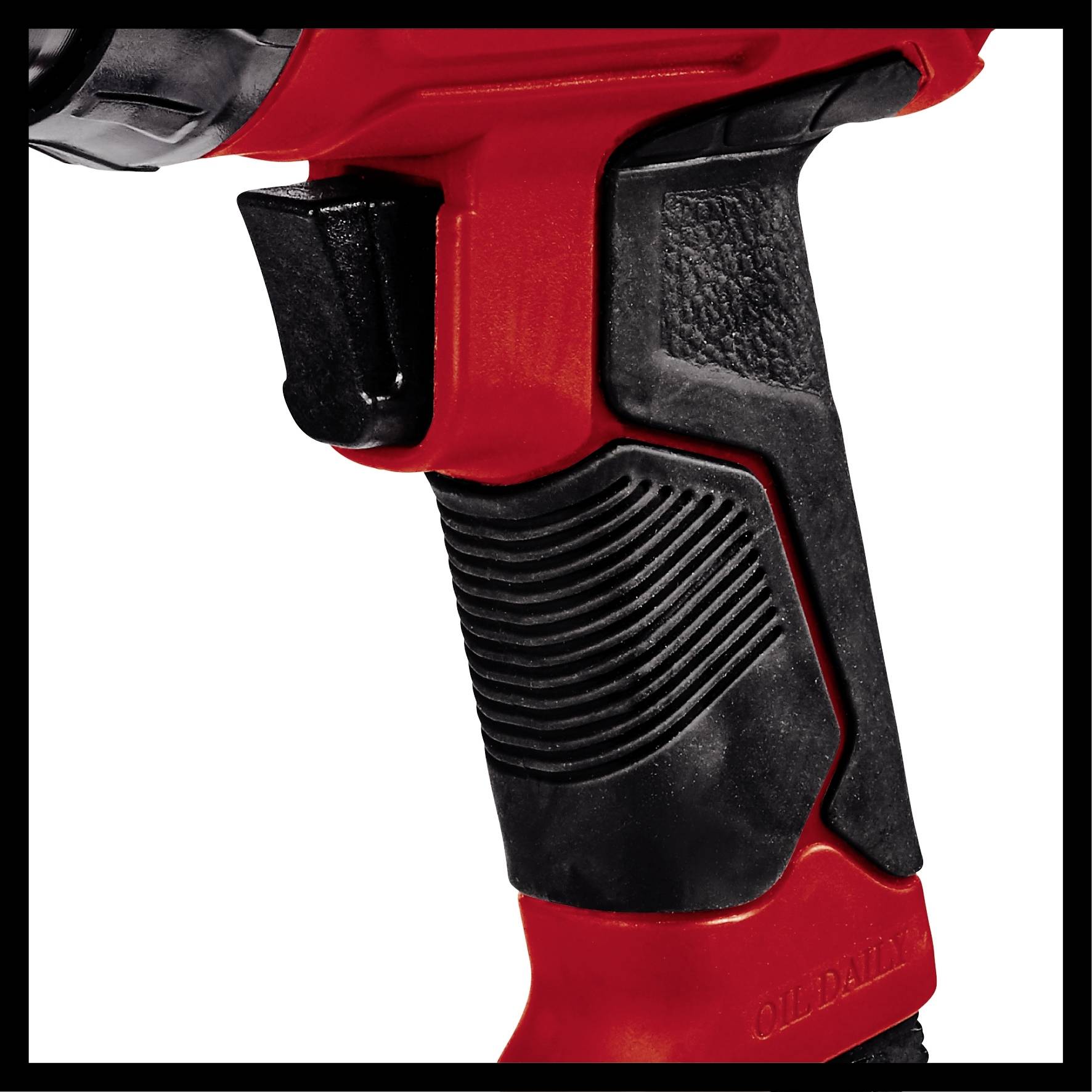 A red tool handle with a black rubber grip and textured area, showing a detail of an electrical tool.