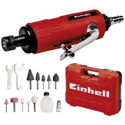 Red pneumatic die grinder with case and accessories, including grinding attachments and tools.