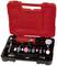 A red plastic box containing a set of grinding tools; includes grinding stones in various colours and shapes and an electric grinder.