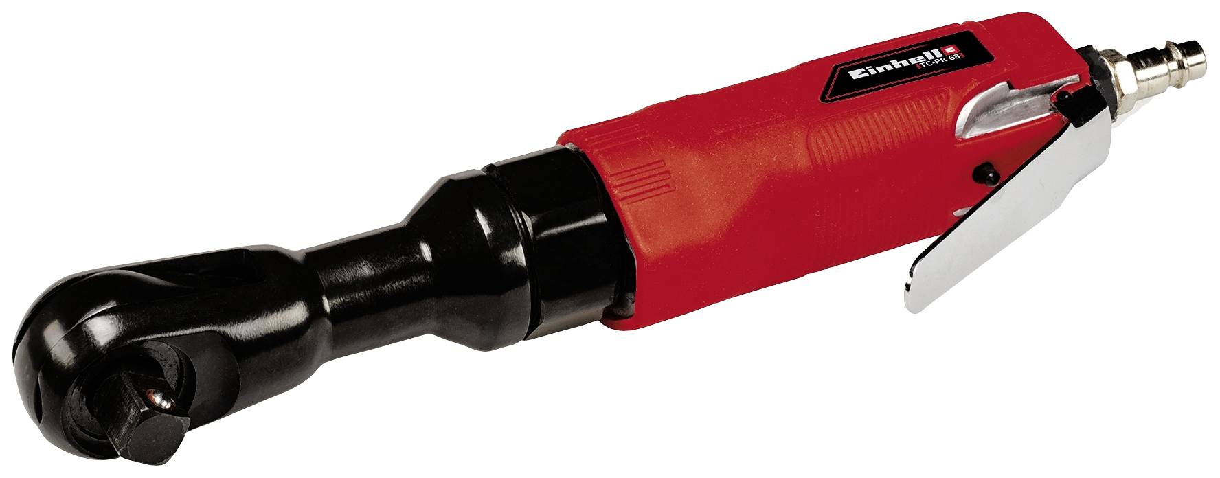 Ratchet impact driver with red casing and black head, lever on the handle, set against a white background. Suitable for workshop tasks.