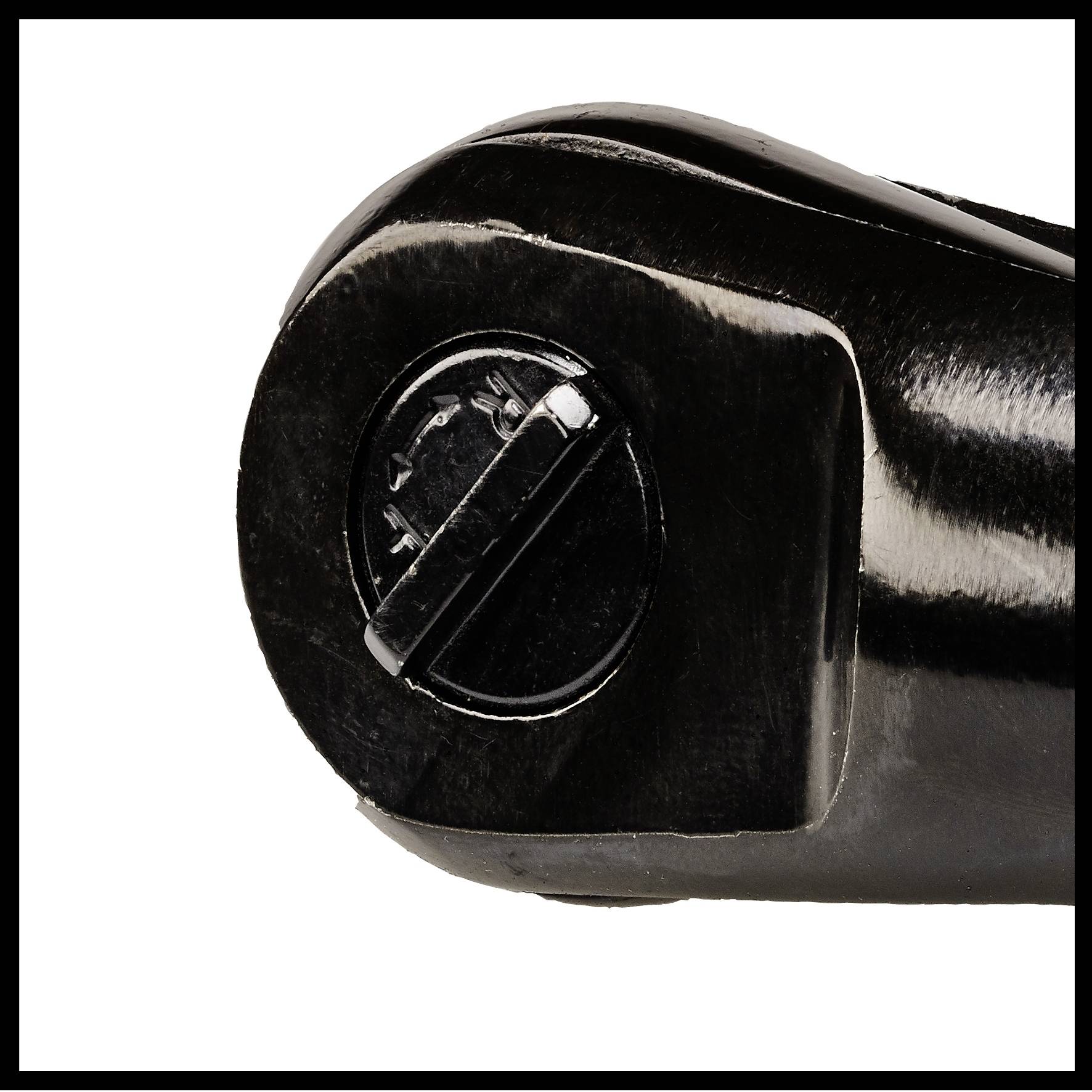 Close-up of a black door hinge with screw.