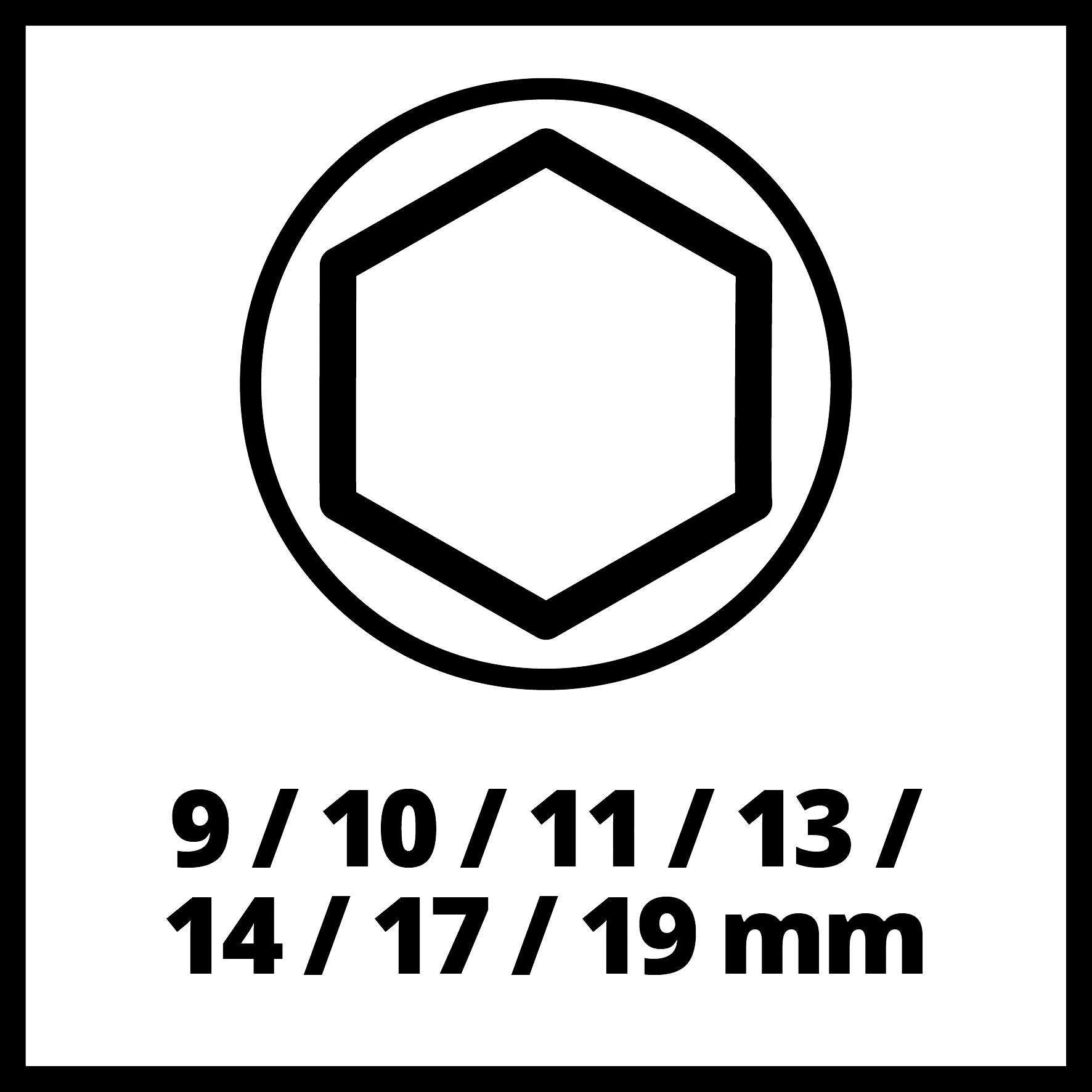 'Image of a hexagonal shape with size specifications: 9 / 10 / 11 / 13 / 14 / 17 / 19 mm.'
