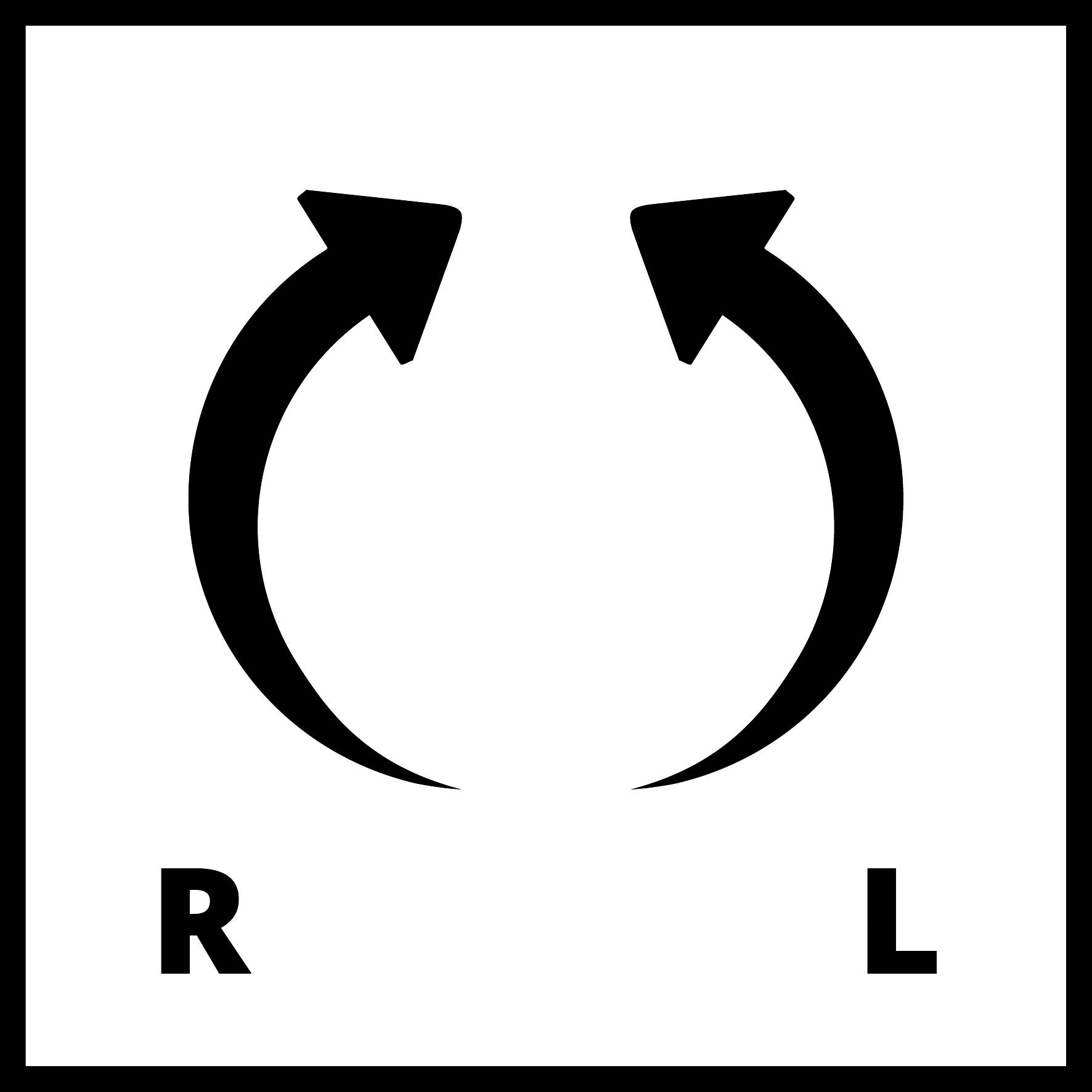 'Two arrows curve outwards, originating from the centre. Letters 'R' and 'L' are positioned below.'