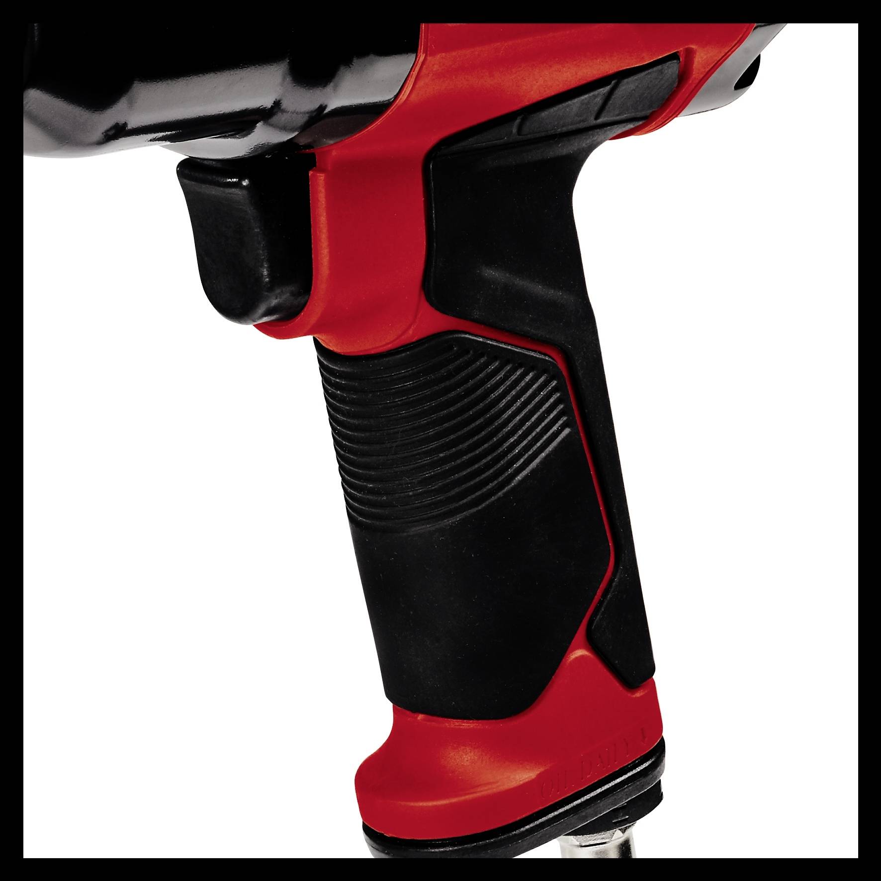 Pictured is a red and black electric power tool, possibly a power drill, with an ergonomic handle.