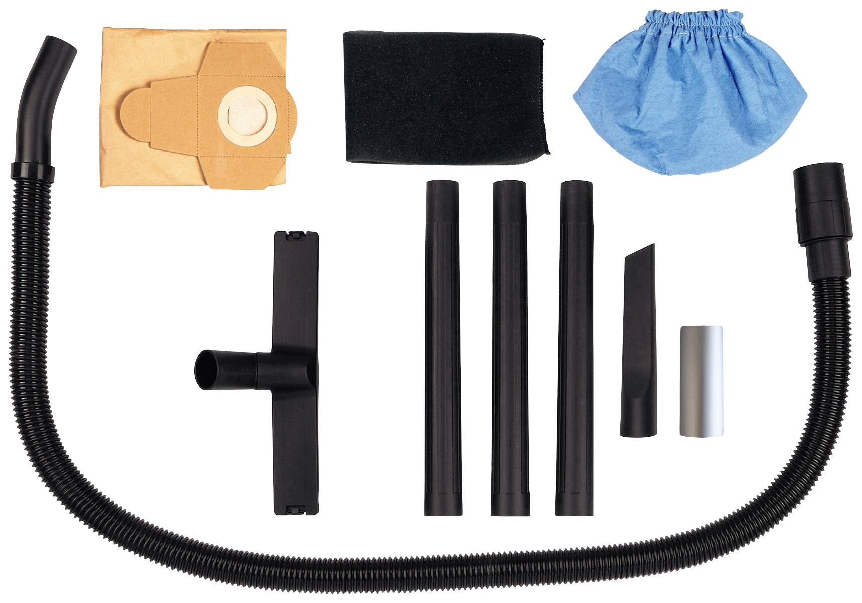 'Vacuum cleaner accessory set with hose, nozzles, bags and rods. Suitable for various cleaning requirements.'