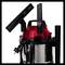 'Stainless steel wet and dry vacuum cleaner with red top, black accessories and power cable. Ideal for versatile cleaning tasks.'