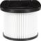A white, cylindrical filter with a black rim, possibly a vacuum cleaner or air filter, against a white background.
