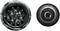 View of two different mechanical components. On the left, a rotating ball bearing seen from above, on the right, a circular object with a central opening.