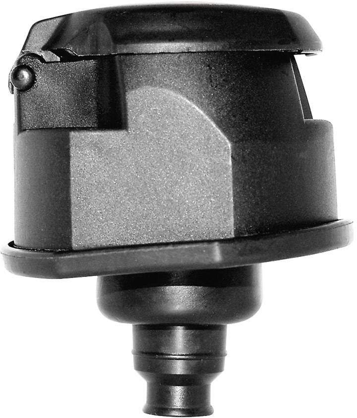 A black, cylindrical valve with a wide flange and a narrow connection piece.