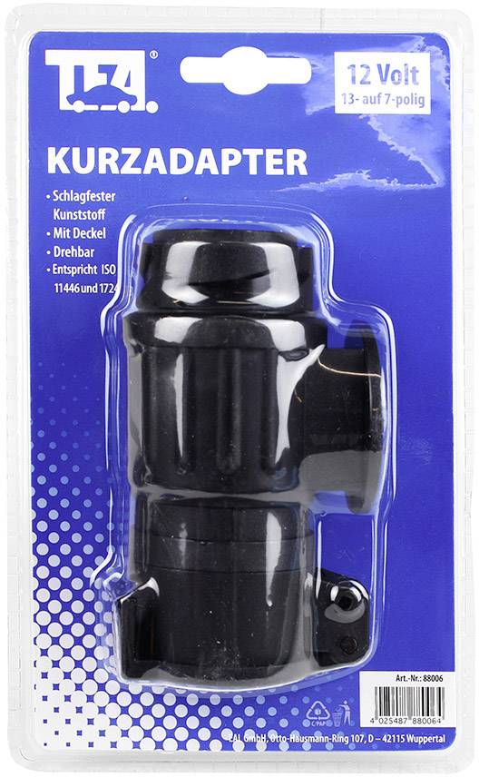 A short adaptor for trailer sockets, 12 volts, 13-pin to 7-pin. Packaging provides details on materials and standards.