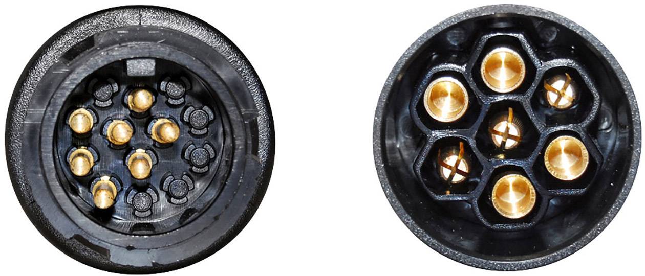 'Close-up of two round connectors with multiple copper pins and sockets in a black housing.'