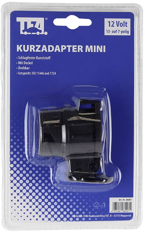 Packaged mini short adapter for trailers, converting from 13-pin to 7-pin, 12 Volt, made of impact-resistant plastic. Includes rotatable cover.