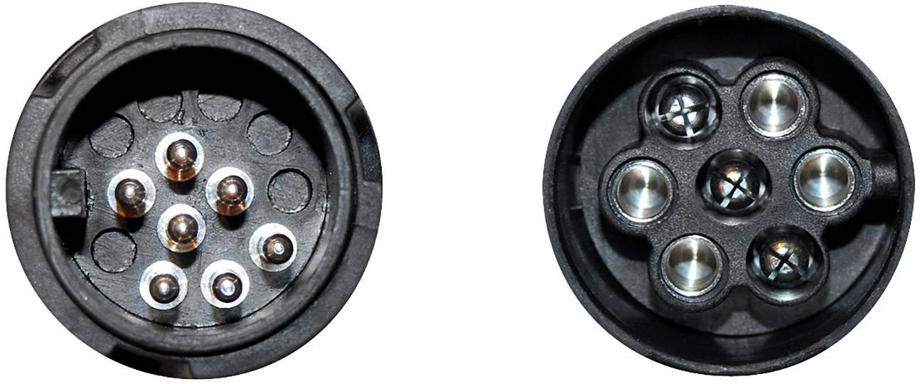 Links: 7-pin plug for trailer. Right: 7-pin socket for trailer. Both are black plastic housings with metal contacts.