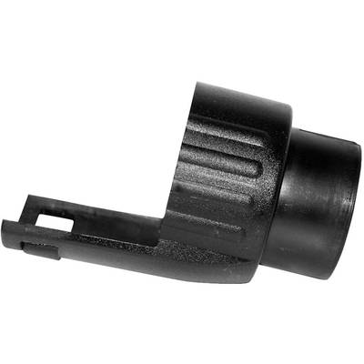 Black plastic component with a cylindrical section and a ribbed handle, potentially an adapter or coupling piece.