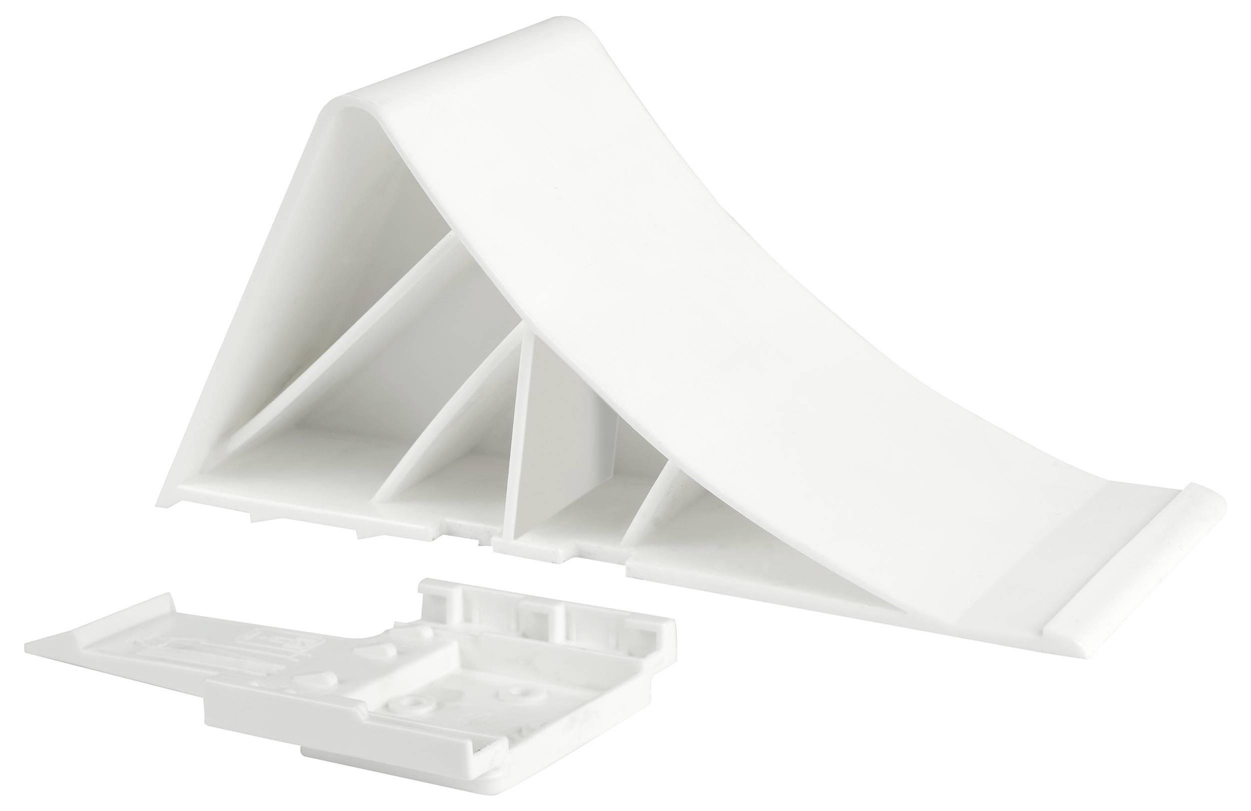 White plastic wedge with raised edge and internal reinforcements, used for stabilising or securing objects.