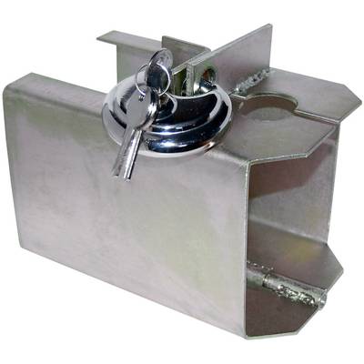 Metallic box lock with a round chrome lock cylinder and keys. Suitable for securing trailer hitches.