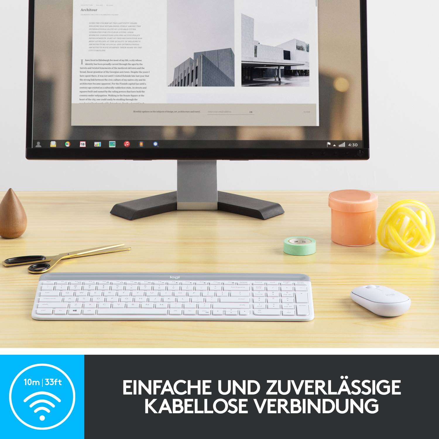 A computer monitor displays an architectural design. On the desk are a keyboard, mouse, and office supplies. Text: 'Simple and reliable wireless connection'.