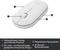 The image depicts a white, wireless computer mouse with a silent scroll wheel, suitable for left- and right-handed users, with a battery life of 18 months.