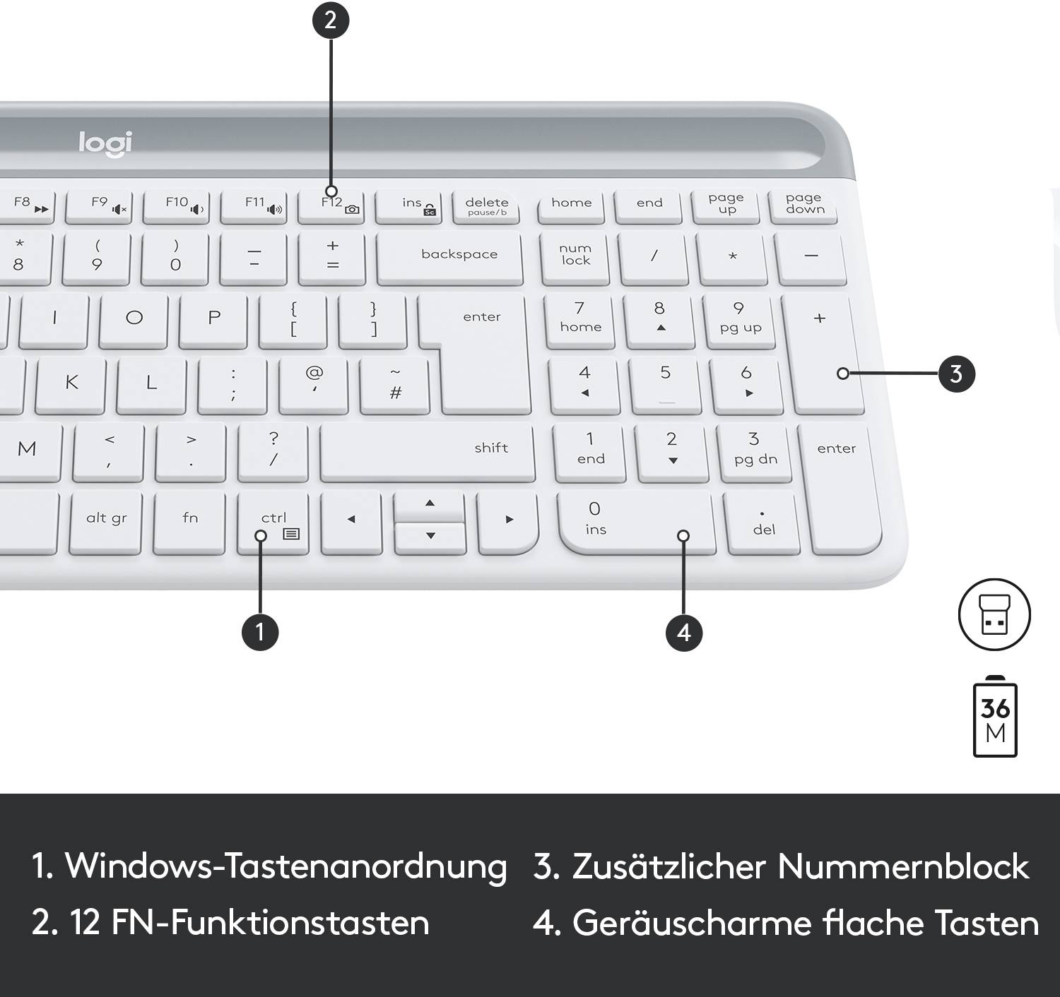 Keyboard with Windows key layout, 12 function keys, additional numeric keypad and quiet, low-profile keys.