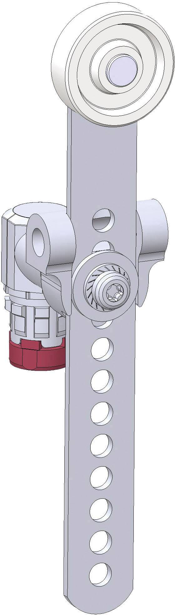 Technical drawing of an adjustable mounting bracket with multiple holes, a gear mechanism, and an upper wheel.