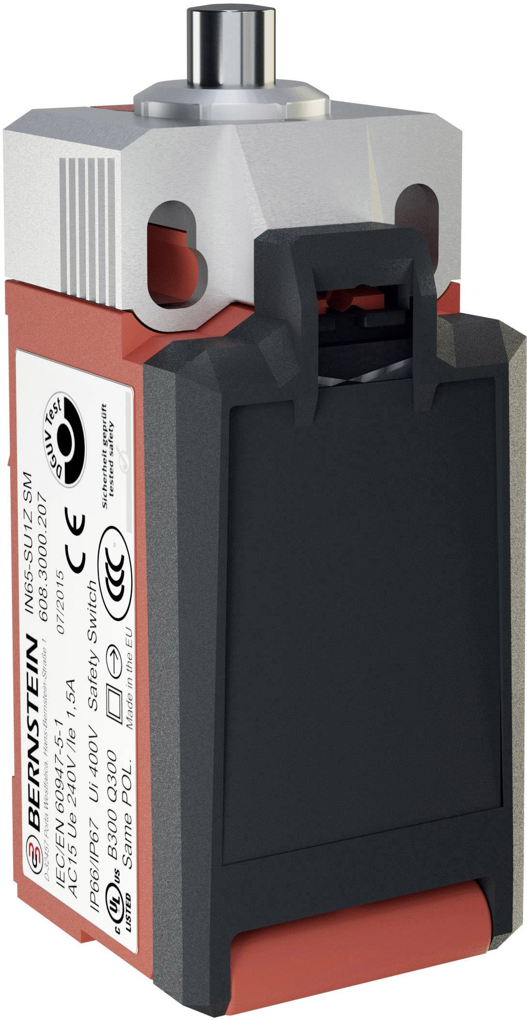 Safety switch from BERNSTEIN with red and black housing, mounting options on top, suitable for industrial applications.