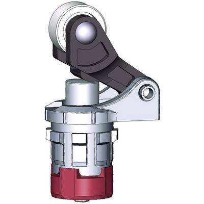 A complex mechanical component with a pivoting arm and cylindrical parts in silver and red, suitable for technical applications.