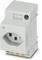 A grey protective socket adapter suitable for mounting on a DIN rail. Includes a test button and indicator light.