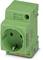 Green earthed socket with side terminals and company imprint. Suitable for industrial applications.