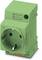 A green power strip for DIN rail mounting, with CE marking. Suitable for 250 V, 16 A current rating.