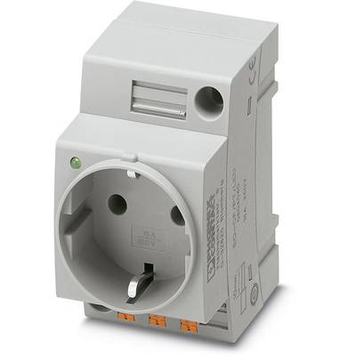 A socket with protective earth for mounting on a DIN rail, suitable for 250 V and 16 A.