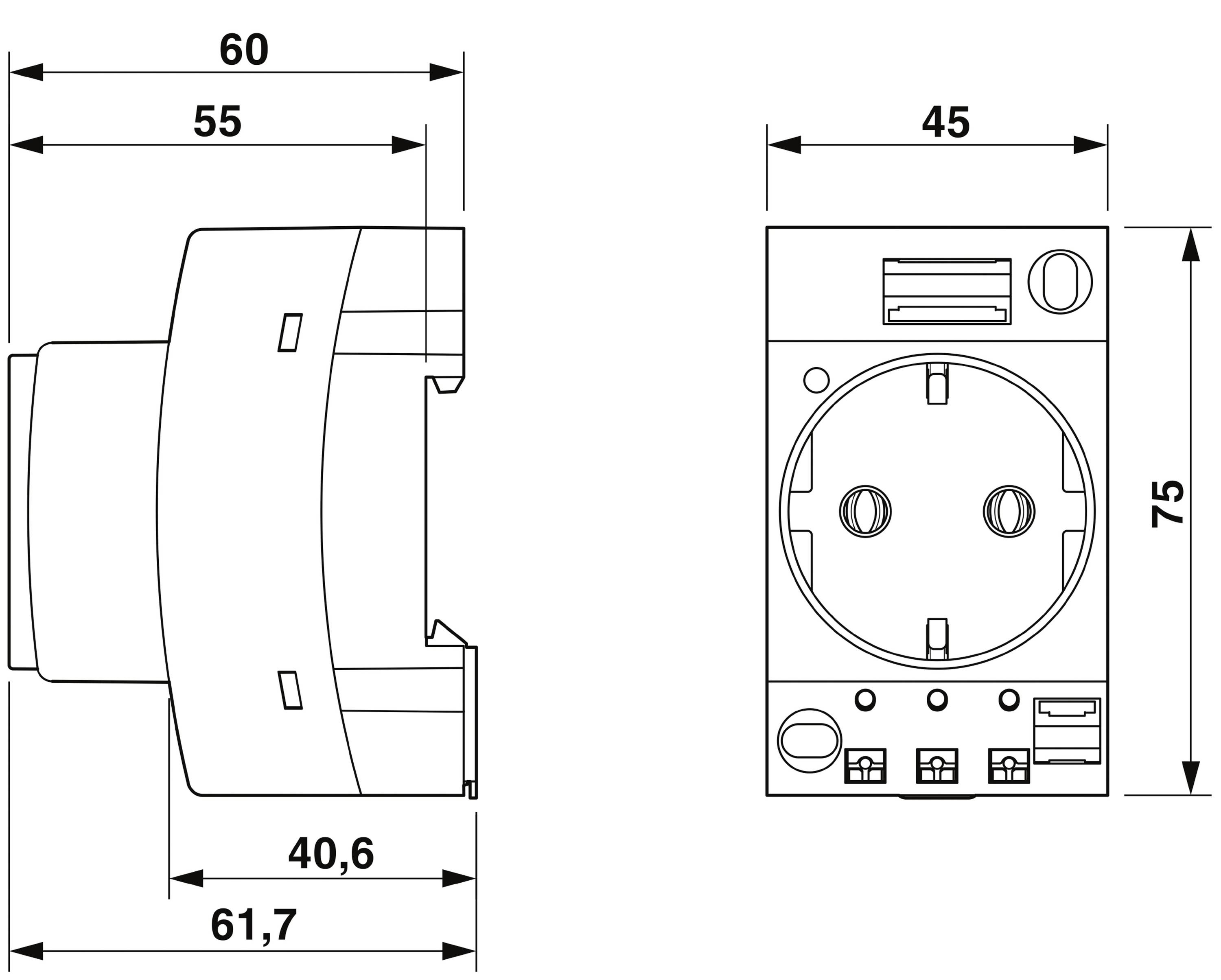 Technical drawing of a socket with dimensions: width 61.7 mm, height 75 mm, depth 40.6 mm. Shows front and side view.