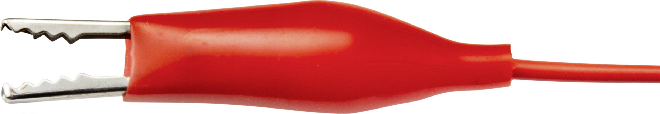 Red crocodile cable clip with metal teeth, used for electrical connections.
