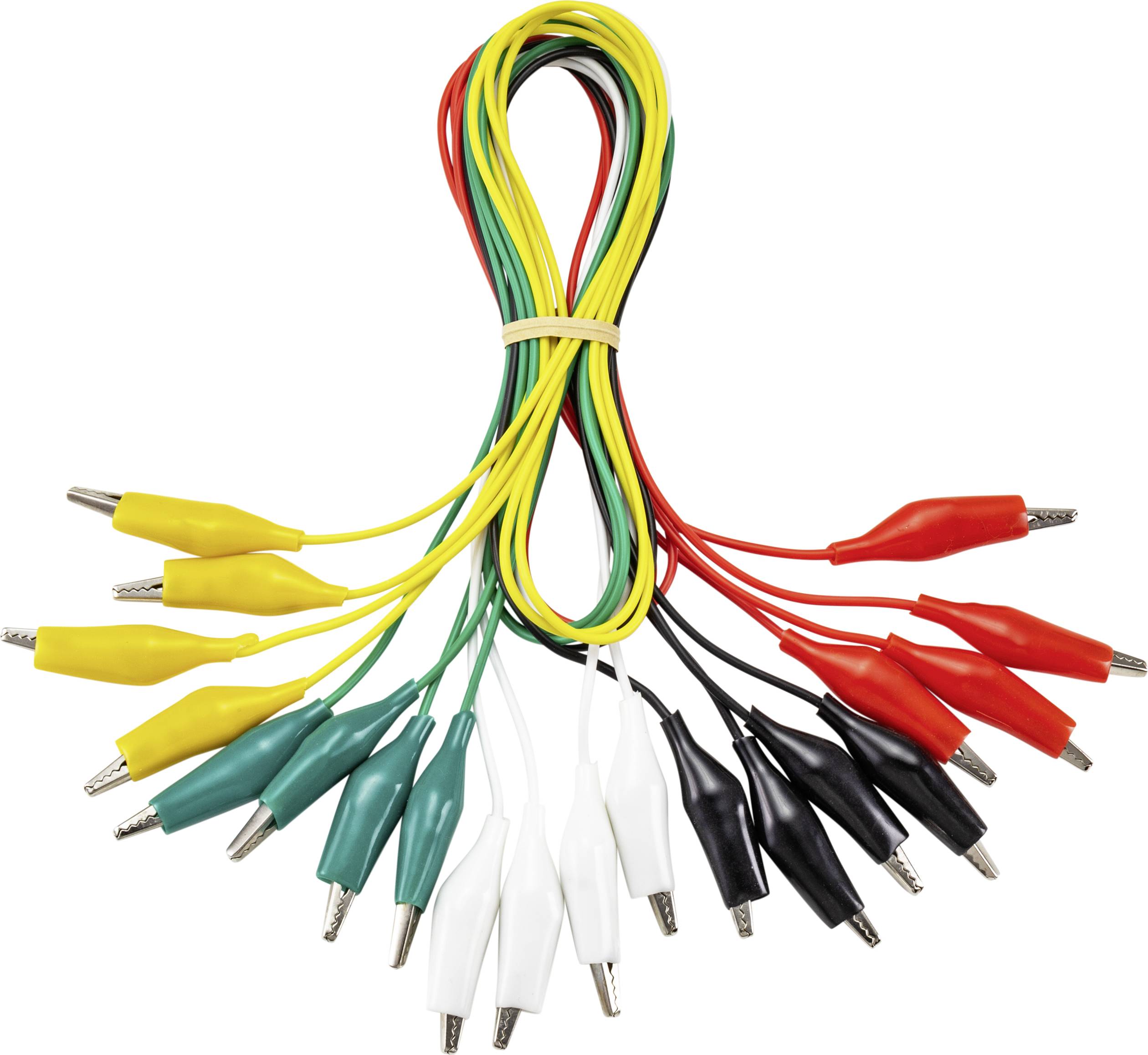 Colourful crocodile clips in yellow, green, red, white and black are bundled together.