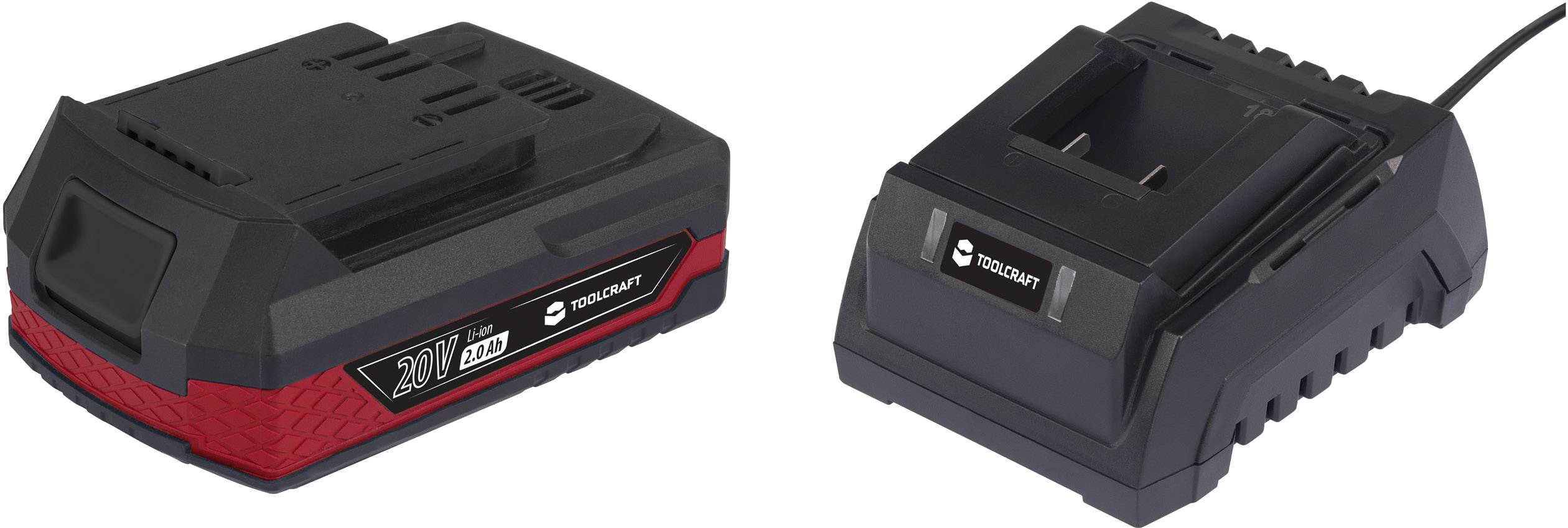 Battery charger with 20V battery, black and red. Battery on the left with '20V' inscription, charger on the right with power cable.