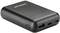 Black power bank with two charging ports and a power switch on the side. Device has four LEDs for battery level indication.