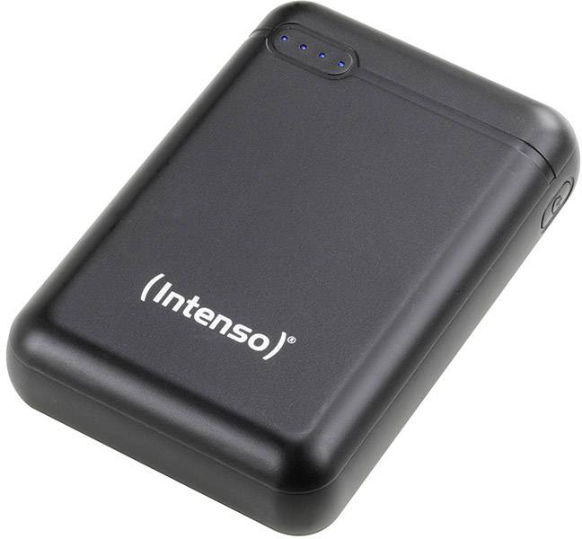 External black Intenso hard drive with LED indicator on top, showing charge status. Compact, portable data storage solution.