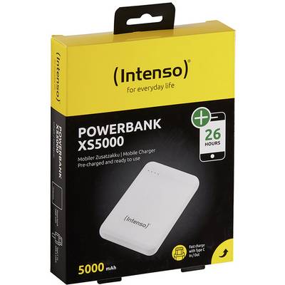 'Intenso Powerbank XS5000' Packaging. Mobile Device Auxiliary Battery with 5000 mAh Capacity and USB Type-C Connection. Up to 26 Hours of Additional Charging.
