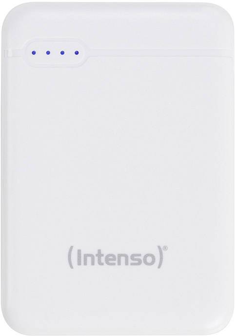 A white power bank with four blue LED indicators and the 'Intenso' label at the bottom.